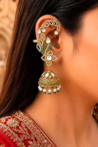 Kundan Ear Cuff Earrings, Indian Bridal Jhumka, Emerald Pearl Ear Wrap