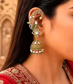 Kundan Ear Cuff Earrings, Indian Bridal Jhumka, Emerald Pearl Ear Wrap
