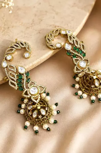 Kundan Ear Cuff Earrings, Indian Bridal Jhumka, Emerald Pearl Ear Wrap