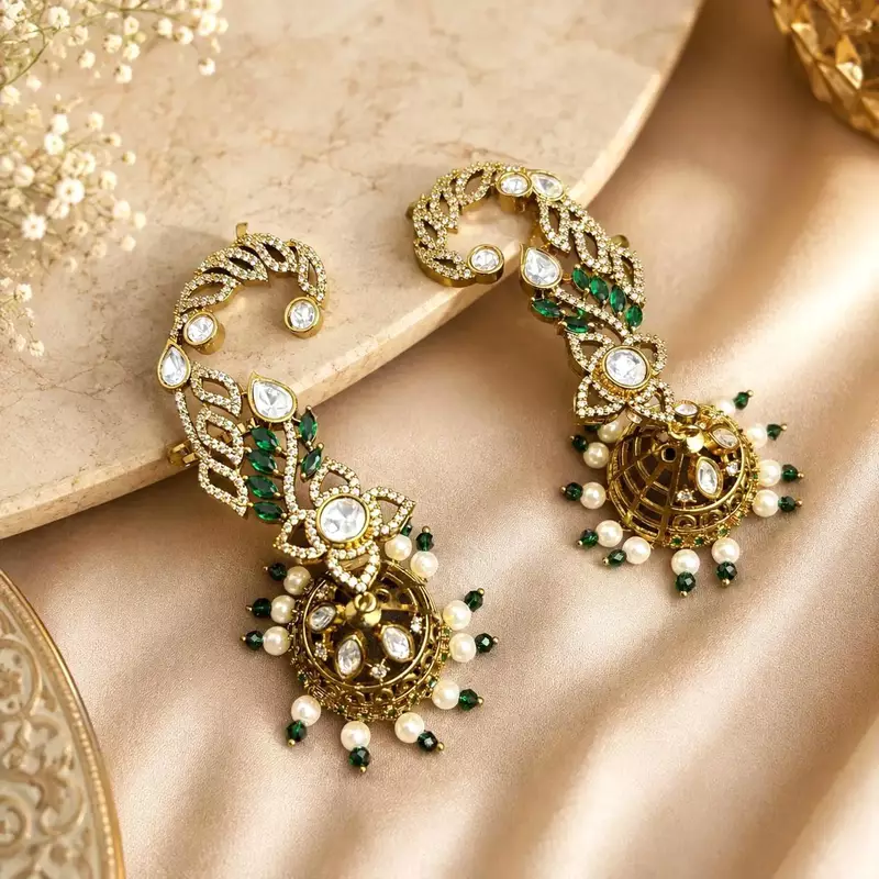 Kundan Ear Cuff Earrings, Indian Bridal Jhumka, Emerald Pearl Ear Wrap