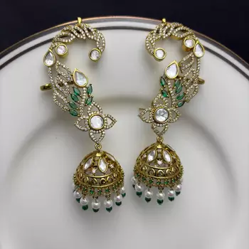 Kundan Ear Cuff Earrings, Indian Bridal Jhumka, Emerald Pearl Ear Wrap 3