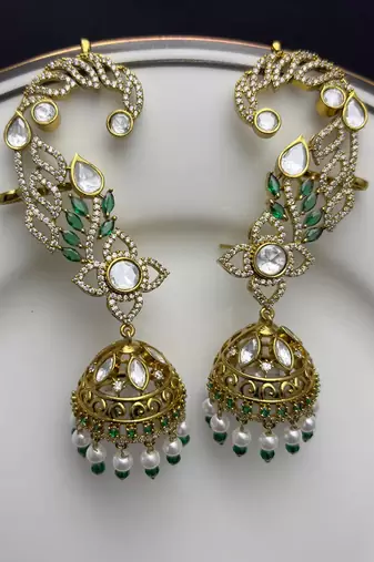 Kundan Ear Cuff Earrings, Indian Bridal Jhumka, Emerald Pearl Ear Wrap