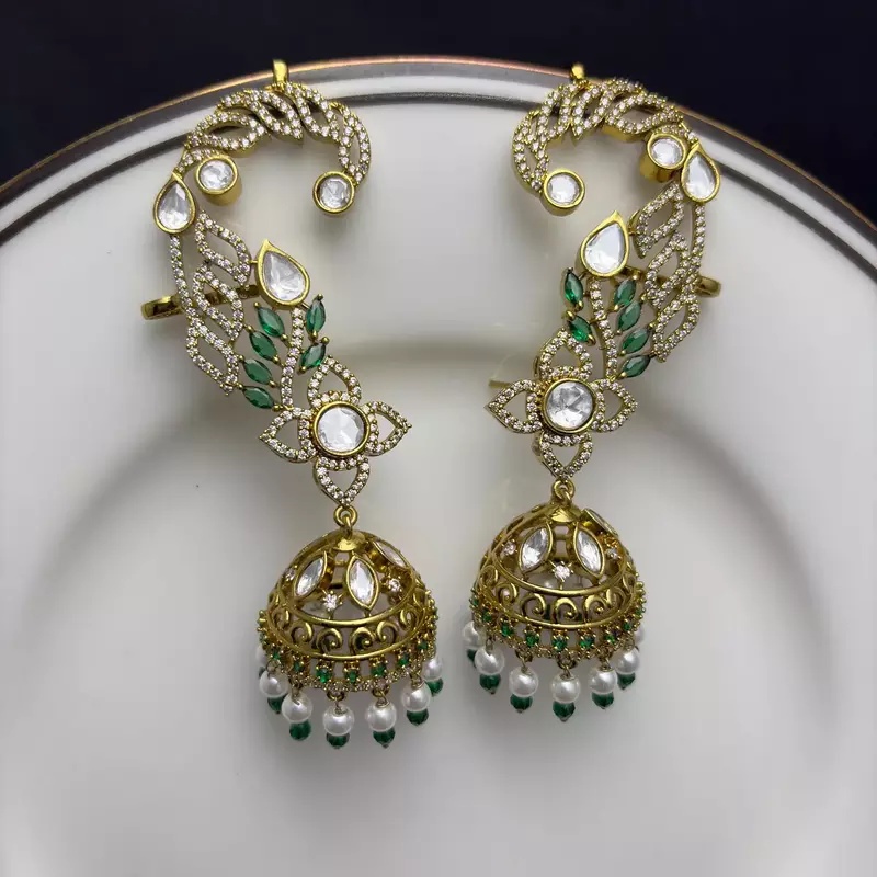Kundan Ear Cuff Earrings, Indian Bridal Jhumka, Emerald Pearl Ear Wrap