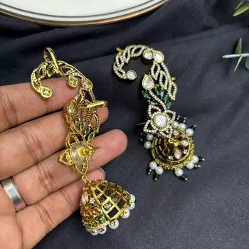 Kundan Ear Cuff Earrings, Indian Bridal Jhumka, Emerald Pearl Ear Wrap 4