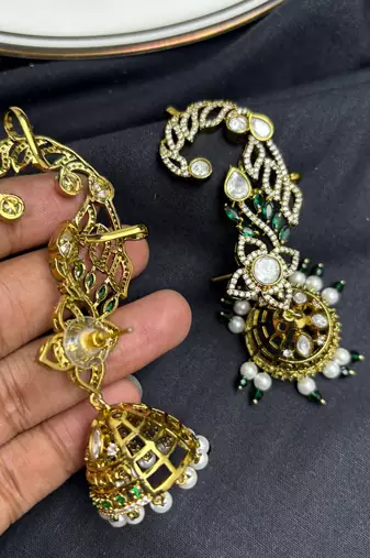 Kundan Ear Cuff Earrings, Indian Bridal Jhumka, Emerald Pearl Ear Wrap