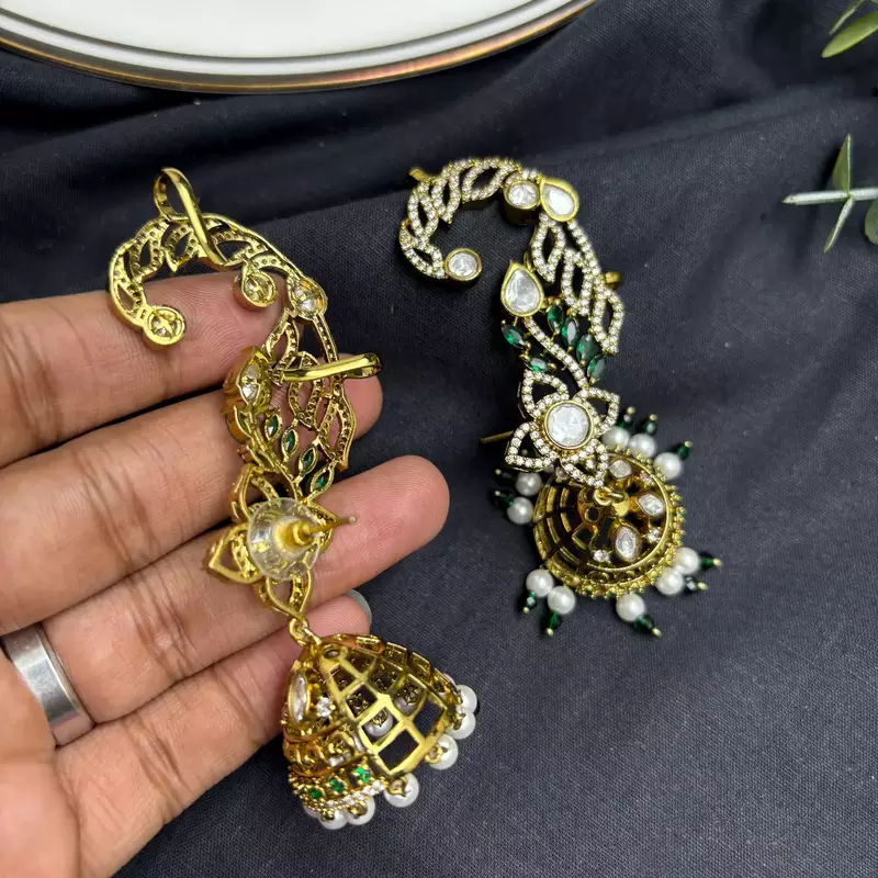Kundan Ear Cuff Earrings, Indian Bridal Jhumka, Emerald Pearl Ear Wrap