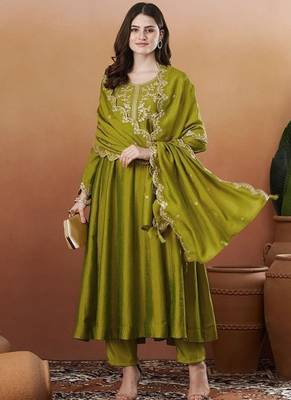 Premium Olive Green Embroidered Anarkali Suit with Dupatta 1