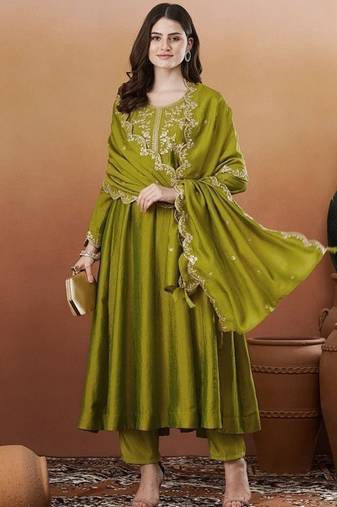 Premium Olive Green Embroidered Anarkali Suit with Dupatta