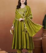 Premium Olive Green Embroidered Anarkali Suit with Dupatta