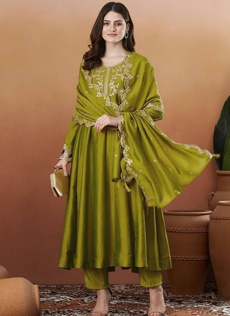 Premium Olive Green Embroidered Anarkali Suit with Dupatta