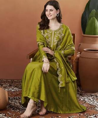 Premium Olive Green Embroidered Anarkali Suit with Dupatta 5