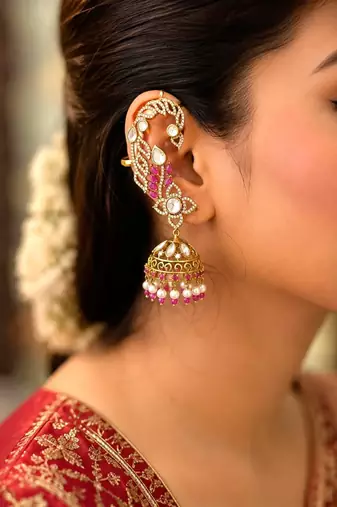 Pink CZ Ear Cuff Jhumka Earrings, Gold Indian Bridal Ear Wrap, Kundan Style Jhumki