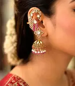 Pink CZ Ear Cuff Jhumka Earrings, Gold Indian Bridal Ear Wrap, Kundan Style Jhumki