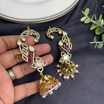 Pink CZ Ear Cuff Jhumka Earrings, Gold Indian Bridal Ear Wrap, Kundan Style Jhumki 2