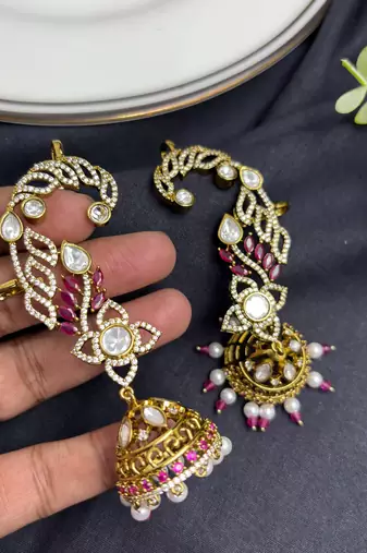 Pink CZ Ear Cuff Jhumka Earrings, Gold Indian Bridal Ear Wrap, Kundan Style Jhumki