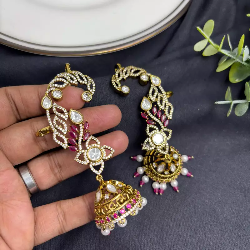 Pink CZ Ear Cuff Jhumka Earrings, Gold Indian Bridal Ear Wrap, Kundan Style Jhumki