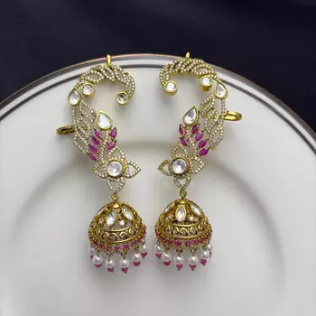 Pink CZ Ear Cuff Jhumka Earrings, Gold Indian Bridal Ear Wrap, Kundan Style Jhumki 3