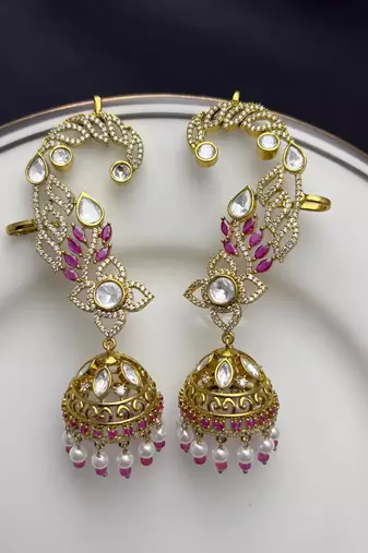 Pink CZ Ear Cuff Jhumka Earrings, Gold Indian Bridal Ear Wrap, Kundan Style Jhumki
