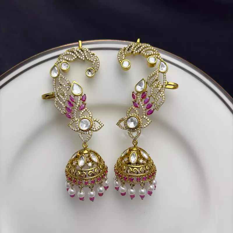 Pink CZ Ear Cuff Jhumka Earrings, Gold Indian Bridal Ear Wrap, Kundan Style Jhumki