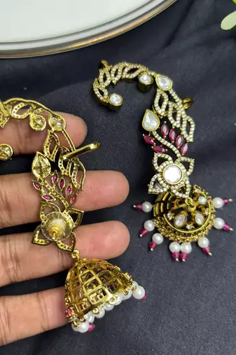 Pink CZ Ear Cuff Jhumka Earrings, Gold Indian Bridal Ear Wrap, Kundan Style Jhumki