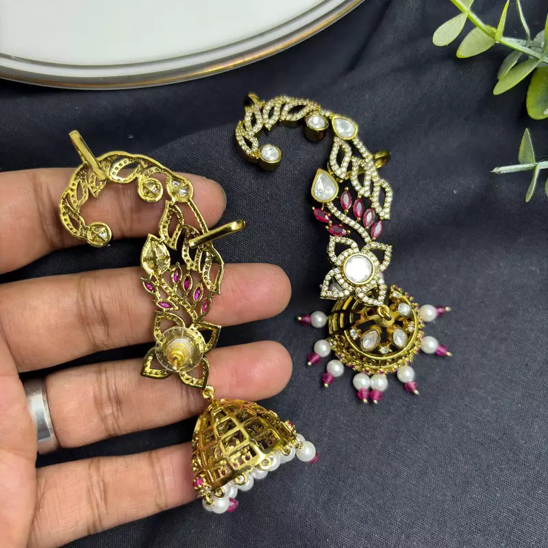 Pink CZ Ear Cuff Jhumka Earrings, Gold Indian Bridal Ear Wrap, Kundan Style Jhumki