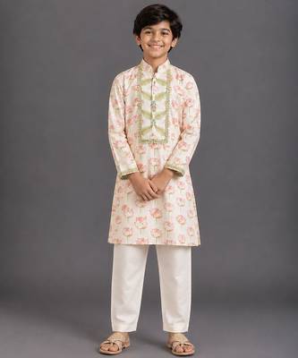 Off white printed cotton silk kurta pajama 1
