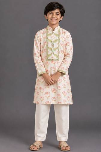 Off white printed cotton silk kurta pajama