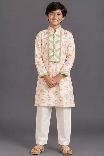 Off white printed cotton silk kurta pajama