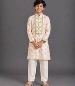 Off white printed cotton silk kurta pajama