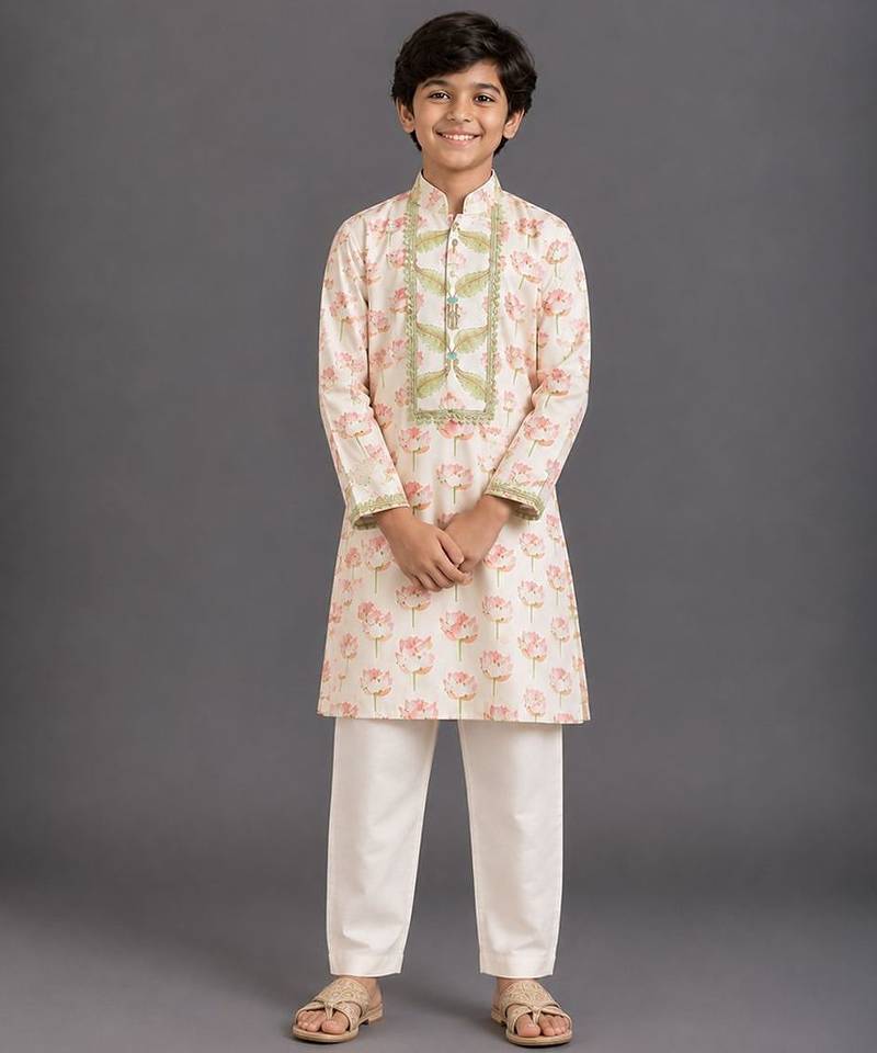 Off white printed cotton silk kurta pajama