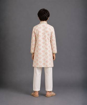 Off white printed cotton silk kurta pajama 2