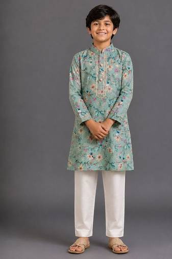 Green printed cotton silk kurta pajama