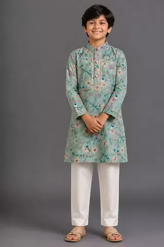 Green printed cotton silk kurta pajama