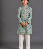 Green printed cotton silk kurta pajama