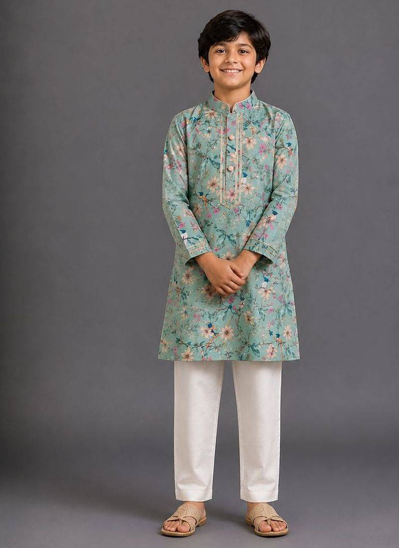 Green printed cotton silk kurta pajama