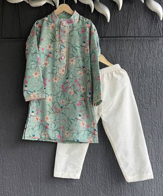 Green printed cotton silk kurta pajama 3