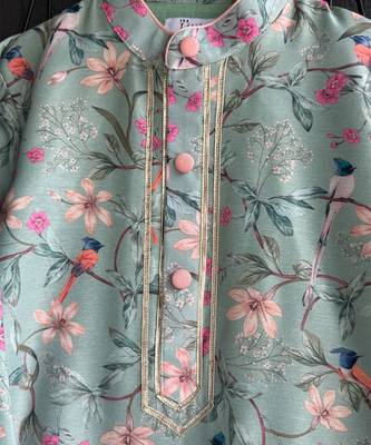 Green printed cotton silk kurta pajama 5