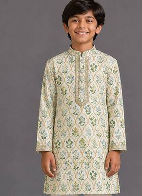 Off white printed cotton silk kurta pajama 1