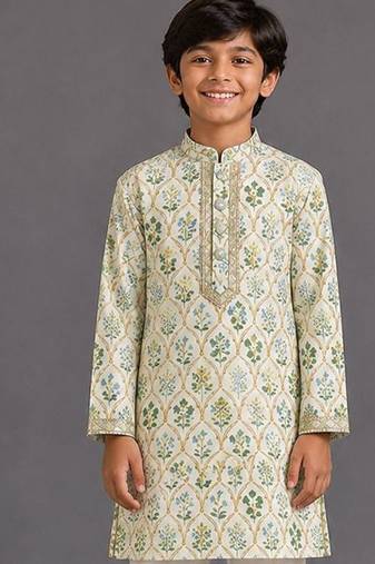 Off white printed cotton silk kurta pajama