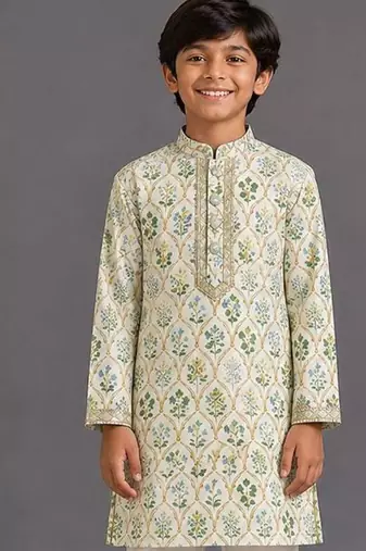 Off white printed cotton silk kurta pajama