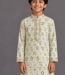 Off white printed cotton silk kurta pajama
