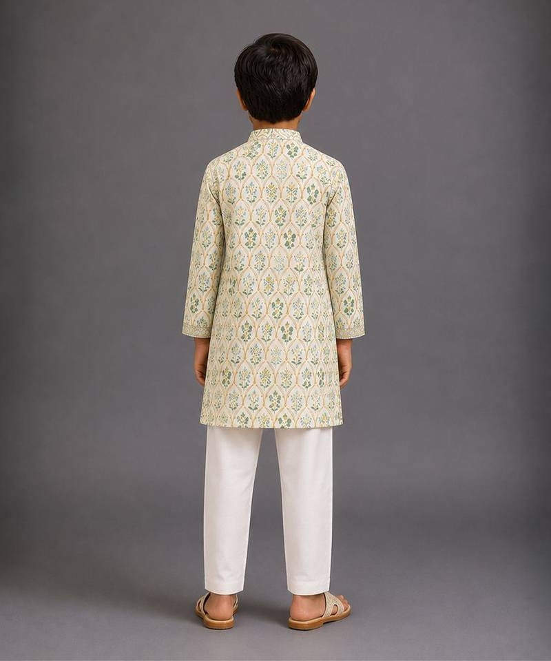 Off white printed cotton silk kurta pajama