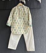 Off white printed cotton silk kurta pajama