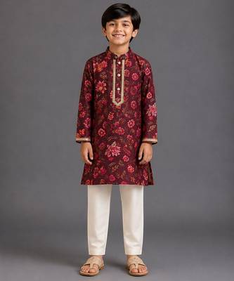 Deep red off white printed cotton silk kurta pajama 1
