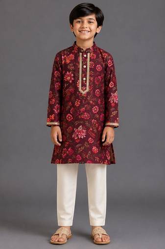 Deep red off white printed cotton silk kurta pajama