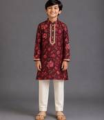 Deep red off white printed cotton silk kurta pajama