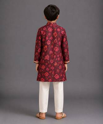 Deep red off white printed cotton silk kurta pajama 2