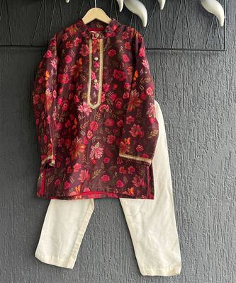 Deep red off white printed cotton silk kurta pajama 3
