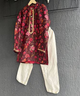 Deep red off white printed cotton silk kurta pajama 4