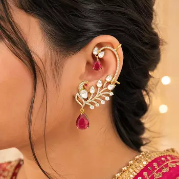 Kundan Peacock Ear Cuff Earrings, Ruby Red Statement Bridal Jewelry 1